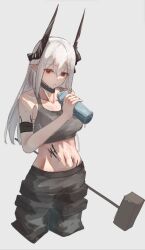  arknights bare_shoulders black_gloves black_sports_bra bottle breasts cleavage collarbone crop_top demon_horns female gloves grey_tank_top hammer hetare_galm_sue highres holding holding_bottle holding_hammer horns infection_monitor_(arknights) large_breasts long_hair looking_at_viewer material_growth midriff mudrock_(arknights) mudrock_(elite_ii)_(arknights) navel oripathy_lesion_(arknights) pointy_ears red_eyes simple_background solo sports_bra stomach tank_top water_bottle white_background white_hair 