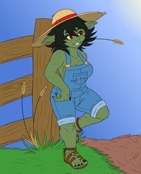  1girls 2024 black_hair black_nails ear_piercing farm farmgirl female female_focus female_only freckles freckles_on_face freckles_on_shoulders goblin goblin_female green_skin joy_(samuraijam34) leaning_on_fence original overalls overalls_only pointy_ears red_eyes samuraijam34 sandals short_hair shortstack sideboob solo solo_female solo_focus straw_hat straw_in_mouth yellow_sclera 