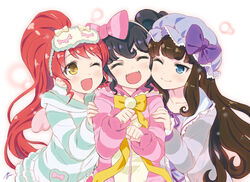  3girls :d ;) ;d black_hair blue_eyes bow brown_hair cheek-to-cheek collarbone fangs gaaruru_(pripara) girl_sandwich green_hoodie hairbow hand_on_another&#039;s_shoulder hat heads_together hood hoodie kurosu_aroma long_hair mask mask_on_head mizuki_gyokuran mob_cap multiple_girls one_eye_closed open_mouth paw_pose pink_bow pink_hoodie ponytail pretty_series pripara red_hair sandwiched shiratama_mikan signature sleep_mask sleepwear smile striped_bow striped_clothes striped_hoodie v-shaped_eyebrows yellow_eyes 