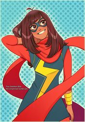  adjusting_hair ahoge animification arm_behind_head artist_name blush bracer brown_eyes brown_hair commentary_request dark-skinned_female dark_skin dated domino_mask female head_tilt highres kamala_khan marvel mask medium_hair ms._marvel polka_dot polka_dot_background red_scarf scarf smile solo superhero_costume thar_chandran tumblr_username watermark web_address 