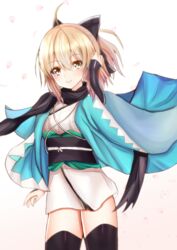  absurdres ahoge black_bow black_thighhighs blonde_hair bow cherry_blossoms commentary_request cowboy_shot fate/grand_order fate_(series) female hair_between_eyes hairbow hand_in_own_hair haori highres japanese_clothes kimono koha-ace long_hair looking_at_viewer md5_mismatch mitsu336 okita_souji_(fate) okita_souji_(koha-ace) ponytail shinsengumi short_kimono simple_background solo standing thighhighs white_background white_kimono yellow_eyes zettai_ryouiki 