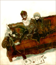  2boys bad_id bad_pixiv_id barefoot belphegor_(reborn) blonde_hair boots calendar_(object) chibi couch frog gloves grey_hair hair_over_face katekyo_hitman_reborn! long_hair long_sleeves mammon_(reborn) multiple_boys pen sekika shirt simple_background sleeping striped_clothes striped_shirt superbi_squalo tiara 