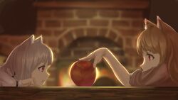  2girls animal_ears apple backlighting bad_id bad_pixiv_id brown_hair fireplace food fruit highres holo indoors long_hair looking_at_another mother_and_daughter multiple_girls myuri_(spice_and_wolf) red_eyes shinsetsu_spice_and_wolf short_hair spice_and_wolf table white_hair wolf_ears youzi_(small_shabao) 