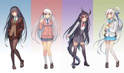  4girls ahoge black_hair black_legwear blazer blue_background blue_eyes blue_skirt brown_skirt cardigan chinese_commentary commentary_request dragon_horns dragon_tail flower green_background hair_flower hair_ornament hands_in_pockets heterochromia highres horns jacket long_hair looking_at_viewer million_arthur_(series) multiple_girls musyne_xsk pantyhose plaid plaid_skirt pleated_skirt pointy_ears ponytail purple_background red_background red_eyes school_uniform skirt smile socks tail thighhighs very_long_hair white_hair white_legwear yellow_eyes zettai_ryouiki 