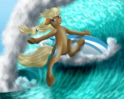  5:4 absurd_res blonde_hair blue_eyes brown_body brown_fur crazyaniknowit cutie_mark ear_piercing earth_pony equid equine fan_character featureless_crotch feral fur hair hasbro hi_res hooves horse long_hair male mammal my_little_pony piercing pony smile solo surfboard surfer surfing tan_body tan_fur vehicle water watercraft wave 