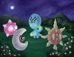  absurdres elgyem fuzziestdrawings highres imageboard_desourced lunatone minior minior_(core) minior_(red_core) moon night night_sky no_humans non-web_source pokemon pokemon_(creature) sky solrock 