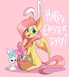  2021 absurd_res ambiguous_gender angel_(mlp) duo easter easter_egg egg equid equine eyelashes fake_ears fake_rabbit_ears female feral fluttershy_(mlp) friendship_is_magic green_eyes hair half-closed_eyes hasbro hi_res holidays lagomorph leporid looking_away mammal my_little_pony mythological_creature mythological_equine mythology narrowed_eyes open_mouth open_smile pegasus pink_background pink_hair pink_tail rabbit reborn3580 ribbons signature simple_background smile tail wings yellow_body 