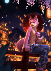  anthro arm_tuft blue_bottomwear blue_clothing blue_moon bottomwear building canid cheek_tuft clothed clothing facial_tuft footwear full-length_portrait fur glistening glistening_eyes hair happy hi_res lamp lantern male mammal moon navel night open_mouth open_smile outside papayafurry paper_lantern pink_body pink_eyes pink_fur pink_hair portrait sandals shoulder_tuft sitting sky sky_lantern smile solo star three-quarter_view topless tuft umbrella unsigned white_body white_fur 