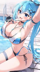  arm_strap arm_up armpits bare_shoulders bikini black_choker black_gloves blue_eyes blue_hair blurry breasts choker cleavage depth_of_field female fingerless_gloves gloves hair_ornament hairclip halterneck hand_up highleg highleg_bikini highres jewelry large_breasts long_hair looking_at_viewer morros multi-strapped_bikini_bottom navel necklace open_mouth original ponytail poolside pulling_own_clothes side-tie_bikini_bottom sitting smile solo stomach strap_pull string_bikini swimsuit thigh_strap thighs very_long_hair water wet white_bikini 