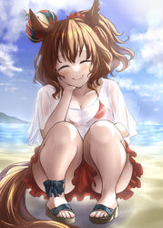  absurdres animal_ears aston_machan_(umamusume) beach bikini blush breasts brown_hair closed_eyes cloud cloudy_sky day facing_viewer female frilled_skirt frills grin highres horse_ears horse_girl horse_tail kokage_yugure medium_breasts medium_hair ocean open_mouth outdoors sandals see-through skirt sky smile solo squatting swimsuit tail umamusume 