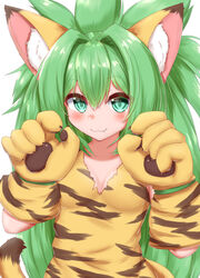  :3 animal_ear_fluff animal_ears blush breasts cham_cham closed_mouth fang_out female fox_ears fox_girl green_eyes green_hair highres horokusa_(korai) long_hair looking_at_viewer oerba_yun_fang samurai_spirits simple_background small_breasts smile solo spiked_hair tail tiger_ears tiger_girl tiger_tail white_background 