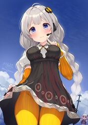  2girls absurdres black_dress blue_eyes blush bracelet braid breasts clothes_lift cowboy_shot dress gloves grey_dress groin hair_ornament highres jewelry kizuna_akari large_breasts looking_at_viewer multiple_girls ochinsama orange_gloves orange_pantyhose orange_thighhighs pantyhose solo_focus striped_clothes striped_gloves striped_pantyhose thighhighs twin_braids vertical-striped_clothes vertical-striped_gloves vertical-striped_pantyhose vocaloid voiceroid yuzuki_yukari 