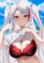  antenna_hair azur_lane bra breasts cleavage clothes_lift commentary_request female hands_up highres jewelry lace-trimmed_bra lace_trim large_breasts lifting_own_clothes long_hair looking_at_viewer mole mole_on_breast multicolored_hair necklace partial_commentary prinz_eugen_(azur_lane) red_bra red_eyes shengtian shirt shirt_lift short_sleeves smile solo streaked_hair t-shirt two_side_up underwear upper_body wet white_hair white_shirt 