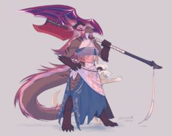  2022 5_fingers abs anthro barefoot breasts brown_body claws clothing digital_media_(artwork) digitigrade dragon duo feet female fingers grey_background hair hand_on_hip hi_res holding_melee_weapon holding_object holding_polearm holding_weapon horn kerime_(trololohstuffs) looking_at_viewer melee_weapon muscular muscular_female mythological_creature mythological_scalie mythology pink_hair polearm sai_(trololohstuffs) scalie simple_background size_difference smile standing tail translucent translucent_clothing trololohstuffs weapon white_hair 