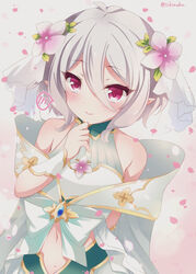  antenna_hair arm_behind_back bad_id bad_pixiv_id bare_shoulders blush bow closed_mouth clothing_cutout commentary_request elf female flower gradient_background grey_background grey_hair hair_between_eyes hair_flower hair_ornament hair_ribbon hand_up ichiyou_moka kokkoro_(princess)_(princess_connect!) kokkoro_(princess_connect!) looking_at_viewer navel navel_cutout petals pink_background pink_flower pointy_ears princess_connect! princess_form_(princess_connect!) red_eyes ribbon short_hair sidelocks sleeveless smile solo speech_bubble spoken_blush twitter_username white_bow white_ribbon 