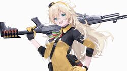  :d blonde_hair commentary fabarm_sat-8 female girls&#039;_frontline gloves green_eyes gun hair_between_eyes hairband hand_on_own_hip highres long_hair looking_at_viewer messy_hair oerba_yun_fang open_mouth s.a.t.8_(girls&#039;_frontline) shotgun shotgun_shell smile solo tepqei weapon white_background 