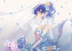  aikatsu! aikatsu!_(series) bare_shoulders blue_eyes blue_hair blush bouquet bridal_veil closed_mouth dress earrings elbow_gloves female flower from_side gloves jewelry kiriya_aoi long_hair onbin_ha ponytail sleeveless smile solo twitter_username veil wedding_dress white_gloves 