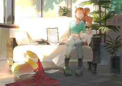  blanket book boots closed_eyes collarbone commentary_request couch crop_top cushion eyelashes female green_footwear green_shirt hair_ornament heart heart_hair_ornament high_heel_boots high_heels indoors long_hair nrmya orange_hair pants parted_lips pigeon-toed plant pokemon pokemon_(creature) pokemon_swsh potted_plant ribbed_shirt shirt side_ponytail sitting sleeping sonia_(pokemon) yamper 