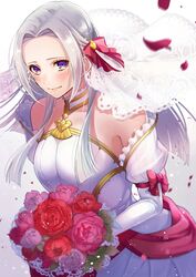  blush bouquet bow bride bride_(fire_emblem) closed_mouth commentary_request dress edelgard_von_hresvelg female fire_emblem fire_emblem:_three_houses flower highres holding holding_bouquet ichino_tomizuki long_hair petals purple_eyes simple_background smile solo upper_body wedding_dress white_dress white_hair 