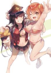  2girls ahoge arm_up armpits bare_arms bare_legs bare_shoulders barefoot bikini black_hair breasts eyebrows_hidden_by_hair fate/grand_order fate_(series) fujimaru_ritsuka_(female) fujimaru_ritsuka_(female)_(brilliant_summer) hair_between_eyes hairband hat highres jacket legs long_hair looking_at_viewer military_hat mipi multiple_girls oda_nobunaga_(fate) oda_nobunaga_(swimsuit_berserker)_(fate) oda_nobunaga_(swimsuit_berserker)_(first_ascension)_(fate) oda_nobunaga_(swimsuit_berserker)_(second_ascension)_(fate) official_alternate_costume one_eye_closed open_mouth orange_eyes orange_hair pointing pointing_up red_eyes sandals short_hair side_ponytail simple_background skirt smile swimsuit teeth victory_pose white_background 