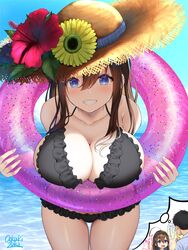  bikini black_bikini blue_eyes blue_sky blush breasts brown_hair facing_viewer flower frilled_bikini frills hat hat_flower highres innertube large_breasts long_hair ocean oekakizuki original senpai_(oekakizuki) sky smile speech_bubble straw_hat swim_ring swimsuit thigh_gap thighs 