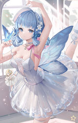  2girls absurdres alternate_costume arabesque_(pose) arm_up armpits ballerina ballet bare_shoulders blonde_hair blue_eyes blue_hair braid breasts bug butterfly choker cleavage closed_mouth collarbone congqian_you_ke_xing dress genshin_impact hair_ornament highres kamisato_ayaka large_breasts long_hair looking_at_viewer lumine_(genshin_impact) multiple_girls pantyhose tutu white_choker white_dress white_pantyhose 