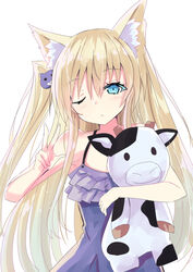  2girls animal_ear_fluff animal_ears bare_arms bare_shoulders blonde_hair blue_dress blue_eyes blush closed_mouth commentary_request dress frilled_dress frills hair_between_eyes hair_ornament highres hizaka hugging_object long_hair looking_at_viewer multiple_girls one_eye_closed one_side_up original simple_background sleeveless sleeveless_dress stuffed_animal stuffed_cow stuffed_toy very_long_hair w white_background 