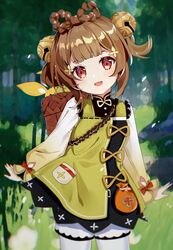  :d absurdres backpack_basket bag bamboo bamboo_forest basket bell blunt_bangs blush braid brown_hair chinese_clothes cowboy_shot female forest genshin_impact grass h2so4-c hair_bell hair_ornament highres jingle_bell long_sleeves looking_at_viewer nature open_mouth outdoors red_eyes shorts smile solo white_legwear yaoyao_(genshin_impact) yuegui_(genshin_impact) 