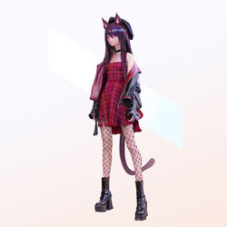  absurdres animal_ears arknights black_footwear black_hat black_jacket boots cat_ears cat_girl cat_tail clothing_request collar female full_body hat highres jacket leather leather_jacket legs_apart long_hair looking_at_viewer melantha_(arknights) multicolored_hair open_mouth photoshop_(medium) pink_eyes plaid plaid_shirt purple_hair shirt simple_background solo tail wonbin_lee zipper 