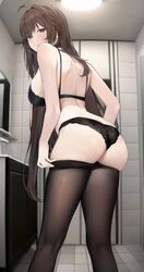  ahoge arched_back ass back bad_id bad_twitter_id bare_back bare_shoulders black_bra black_panties blue_eyes bra breasts brown_hair brown_pantyhose butt_crack cabinet closed_mouth clothes_pull commission feet_out_of_frame female fine_fabric_emphasis from_behind from_below hair_intakes highres indoors large_breasts leaning_forward lingerie long_hair looking_at_viewer looking_back median_furrow mole mole_on_ass mole_on_back mole_under_mouth original panties pantyhose pantyhose_pull preview_(preview0) shoulder_blades sideboob sidelocks solo standing thighs tile_floor tile_wall tiles underwear underwear_only undressing very_long_hair 