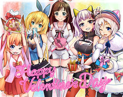  &gt;_o .live 5girls :3 :d animal_ears black_kimono black_thighhighs blonde_hair blue_bow blue_eyes blue_skirt blush bow box breasts brown_hair buttons cleavage_cutout closed_mouth clothing_cutout coat dennou_shoujo_siro detached_sleeves doitsuken double-breasted elbow_gloves english_text fox_ears fox_tail gloves grin hair_ornament hairband hairbow hairclip hands_up heart-shaped_box highres holding japanese_clothes kaguya_luna kemomimi_oukoku_kokuei_housou kimono kizuna_ai kizuna_ai_inc. large_breasts long_hair looking_at_viewer mikoko_(kemomimi_oukoku_kokuei_housou) mirai_akari mirai_akari_project multiple_girls one_eye_closed one_side_up open_mouth orange_hair pantyhose pleated_skirt purple_hair school_uniform serafuku shirt shorts single_thighhigh skirt smile tail the_moon_studio thighhighs twintails valentine virtual_youtuber virtual_youtuber_shiten&#039;nou white_coat white_gloves white_legwear white_shirt white_shorts wristband 