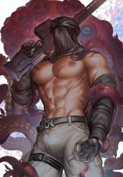  1boy abs absurdres arinherdis bara bare_pectorals black_gloves black_jacket call_of_duty call_of_duty:_modern_warfare_2 covering_face gloves grey_pants gun helmet highres holding holding_gun holding_weapon jacket konig_(call_of_duty) large_pectorals male_focus mask muscular muscular_male navel nipples off_shoulder open_clothes open_jacket pants pectorals scar scar_on_chest solo weapon 