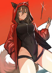  absurdres animal_ears arknights ass_visible_through_thighs black_one-piece_swimsuit breasts brown_hair casual_one-piece_swimsuit closed_mouth covered_navel cowboy_shot dagger ears_through_headwear expressionless female from_below glint hand_in_pocket highres hood hood_up hooded_jacket jacket kaki_z3 knife large_breasts long_sleeves looking_away official_alternate_costume one-piece_swimsuit open_clothes open_jacket projekt_red_(arknights) projekt_red_(light_breeze)_(arknights) red_jacket short_hair simple_background solo swimsuit tail thighs tossing weapon white_background wolf_ears wolf_girl wolf_tail yellow_eyes 