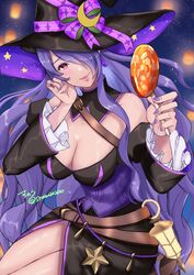  alternate_costume bare_shoulders black_dress breasts camilla_(fire_emblem) candy cleavage corrin_(female)_(fire_emblem) corrin_(female)_(fire_emblem)_(cosplay) corrin_(female)_(halloween)_(fire_emblem) corrin_(fire_emblem) cosplay crescent crescent_hat_ornament crescent_moon dress earrings female fire_emblem fire_emblem_fates food furrowed_brow hair_over_one_eye halloween halloween_costume hand_on_own_cheek hand_on_own_face hat hat_ornament holding holding_candy holding_food holding_lollipop jewelry lantern large_breasts lips lollipop long_hair moon nail_polish night night_sky pink_eyes pink_lips purple_hair purple_nails shoulder_strap signature sitting sky smile snow20200 solo star_(symbol) star_ornament strap thighs very_long_hair watermark witch witch_hat 