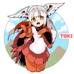  bird_tail bird_wings blue_sky character_name cloud commentary cowboy_shot day empty_eyes feathered_wings female frilled_sleeves frills fur_collar gloves hand_on_own_chest head_wings jamir japanese_crested_ibis_(kemono_friends) kemono_friends legs_together long_hair long_sleeves miniskirt multicolored_hair open_mouth orange_gloves orange_pantyhose outstretched_arm pantyhose pleated_skirt red_hair red_skirt shirt skirt sky solo tail teeth two-tone_hair white_hair white_shirt white_wings wide_sleeves wings yellow_eyes 