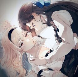  2girls :/ arm_at_side arm_strap arm_up bad_id bad_pixiv_id bed black_bra black_hairband black_pants black_vest blonde_hair blue_bow blurry bow bra breasts brown_hair cleavage closed_mouth collarbone collared_shirt cowgirl_position curtains depth_of_field from_side gradient_background grey_background gun hair_behind_ear hair_ornament hair_spread_out hairband hairbow half_updo hand_up handgun highres holding holding_gun holding_weapon indoors light_particles long_hair looking_at_another looking_down lying medium_breasts multiple_girls nijiko_(c2cs4q) on_back on_bed orange_eyes pants parted_lips partially_unbuttoned pillow pointing_weapon profile purple_eyes revolver saijou_claudine shade shirt shirt_tucked_in shoujo_kageki_revue_starlight tendou_maya underwear undressing_another vest weapon white_background white_shirt x_hair_ornament yuri 