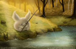  2021 :3 ambiguous_gender anthro beady_eyes big_ears black_eyes creek day detailed_background digital_media_(artwork) digital_painting_(artwork) fishing fishing_rod fluffy forest fur grass holding_object monotone_body monotone_fur nude outside piper_thibodeau plant river semi-anthro shrub sitting solo text tree unknown_species url water white_body white_fur 