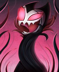  2018 ambiguous_form ambiguous_gender arthropod big_eyes black_cloak black_clothing black_tentacles cloak clothed clothing glowing glowing_eyes gradient_background grimm_(hollow_knight) hi_res hollow_knight horn icon insects jagged_mouth laugh long_mouth open_mouth open_smile pink_background pink_eyes pink_glow pridark simple_background smile solo style_emulation team_cherry tentacle tentacle_clothing 