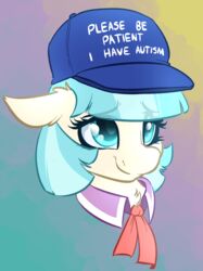  2023 blue_eyes blue_hair bust_portrait clothing coco_pommel_(mlp) earth_pony english_text equid equine female friendship_is_magic hair hasbro hat headgear headwear hi_res horse mammal my_little_pony please_be_patient_i_have_autism pony portrait smile solo text witchtaunter 