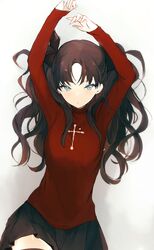  arms_up black_hair black_skirt black_thighhighs blue_eyes breasts closed_mouth cross fate/stay_night fate_(series) female grey_background hair_ribbon long_hair long_sleeves lpip red_sweater ribbon simple_background skirt solo sweater thighhighs tohsaka_rin two_side_up 