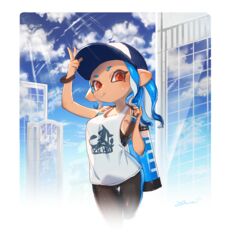  black_pantyhose blue_hair blue_hat blue_sky border bracelet breasts building candy city cityscape cloud cloudy_sky female food hand_on_headwear hat highres ink_tank_(splatoon) jewelry lollipop looking_at_viewer looking_down medium_breasts medium_hair octoling octoling_girl octoling_player_character orange_eyes outdoors pantyhose pointy_ears shirt sky skyscraper solo splatoon_(series) standing sweat sweatdrop tank_top upper_body v white_border white_shirt yu-ri_(arium047) 