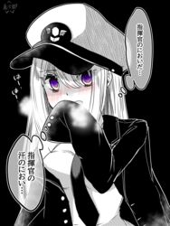  artist_name azur_lane bare_shoulders blush breasts check_translation coat enterprise_(azur_lane) female greyscale hat heavy_breathing highres long_hair looking_at_viewer mikuri_kamazirou monochrome necktie purple_eyes shirt simple_background skirt solo spot_color thought_bubble translation_request yandere 