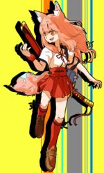  :d animal_ear_fluff animal_ears brown_footwear fate/extra fate/extra_ccc fate/extra_ccc_fox_tail fate_(series) female fox_ears fox_girl fox_tail full_body high-waist_skirt jamir katana kneehighs loafers miniskirt name_connection neck_ribbon open_mouth orange_eyes persona persona_4 pink_hair red_ribbon red_scrunchie red_skirt red_socks ribbon scrunchie sheath shirt shoes short_sleeves skirt smile socks solo suzuka_gozen_(fate) sword tail teeth v-shaped_eyebrows weapon white_shirt wrist_scrunchie 