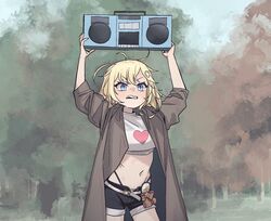  angry bangs belt blonde_female blonde_hair blue_eyes boombox bow carrying_object coat crop_top eyebrows eyelashes hair heart holding_object holding_object_above_head hololive hololive_english hololive_myth holomyth midriff not_porn shorts thong_straps trees trenchcoat virtual_youtuber watson_amelia whale_tail zedgawr 