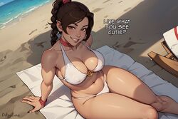  1girls 3:2_aspect_ratio ai_generated avatar_legends avatar_the_last_airbender barefoot beach beach_towel bed bikini blush bracelet braid braided_ponytail breasts brown_eyes brown_hair choker clavicle cleavage clothing day ditzyluna english_language english_text feet female female_only fire_nation hair_ornament jewelry large_breasts lips long_braid long_hair looking_at_viewer lying navel nipples nonbender ocean outdoors ponytail red_choker sand single_braid sitting smile solo swimsuit text thick_thighs thighs tied_hair towel ty_lee white_bikini white_swimsuit 