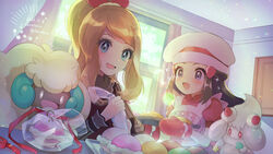  2girls :d alcremie alcremie_(strawberry_sweet) apron artist_name baking black_hair chef_hat cocoloco commentary curtains dated dawn_(palentine&#039;s_2021)_(pokemon) dawn_(pokemon) dress eyelashes grey_eyes hair_ornament hairclip hat holding indoors light_brown_hair long_hair long_sleeves mittens multiple_girls official_alternate_costume open_mouth poke_puff pokemon pokemon_(creature) pokemon_masters_ex serena_(palentine&#039;s_2021)_(pokemon) serena_(pokemon) short_sleeves sidelocks smile sparkle sparkling_eyes tongue whimsicott white_headwear window 