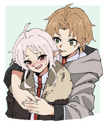  1boy absurdres ahoge biting blush brown_coat brown_hair coat couple ear_biting elf female fur-trimmed_coat fur_trim green_eyes grey_hair grey_robe highres hug hug_from_behind husband_and_wife masruu mushoku_tensei nibbling nose_blush pointy_ears ranoa_magic_academy_school_uniform red_eyes robe rudeus_greyrat school_uniform short_hair sylphiette_(mushoku_tensei) 