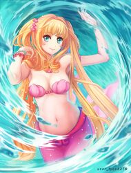  armlet armpits aslasht blonde_hair blue_eyes blush bracelet breasts cleavage commentary cowboy_shot drill_hair drill_sidelocks english_commentary female hair_intakes hair_ornament hands_up highres jewelry long_hair looking_at_viewer medium_breasts mermaid mermaid_melody_pichi_pichi_pitch midriff monster_girl nanami_lucia nanami_lucia_(mermaid) navel necklace pearl_bracelet pixiv_username shell shell_bikini shell_necklace sidelocks smile solo twintails very_long_hair waves 