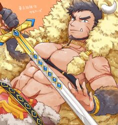  1boy abs alternate_facial_hair animal_hood bara bare_pectorals belt between_pectorals blue_eyes boar_boy boar_hood body_fur brown_hair bulge chest_harness collar cowboy_shot dutch_angle facial_hair fingerless_gloves forked_eyebrows fur_(clothing) gloves goatee gullinbursti_(housamo) harness highres holding holding_sword holding_weapon hood large_pectorals long_sideburns looking_at_viewer male_focus muscular muscular_male navel nipples oerba_yun_fang pectorals pelvic_curtain revealing_clothes short_hair sideburns smile solo spiked_hair stomach summon_lw sword tokyo_afterschool_summoners weapon 