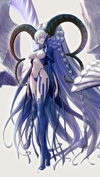  152_in_can absurdly_long_hair absurdres blue_hair blue_panties blue_thighhighs breasts closed_mouth commentary curled_horns fate/grand_order fate_(series) female hair_between_eyes highleg highleg_swimsuit highres horns large_breasts larva_tiamat_(fate) larva_tiamat_(third_ascension)_(fate) long_hair looking_down navel panties purple_eyes shrug_(clothing) solo swimsuit symbol-shaped_pupils thighhighs tiamat_(fate) tiptoes underwear very_long_hair x-shaped_pupils 